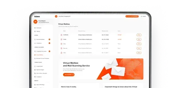 Bizee dashboard on a tablet showing the Virtual Mailbox and mail scanning service