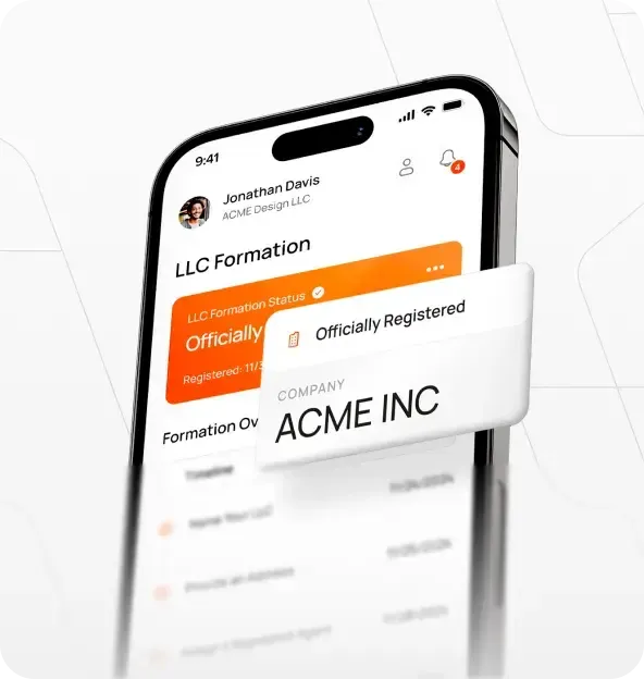 Bizee mobile app showing LLC formation officially registered for company Acme Inc