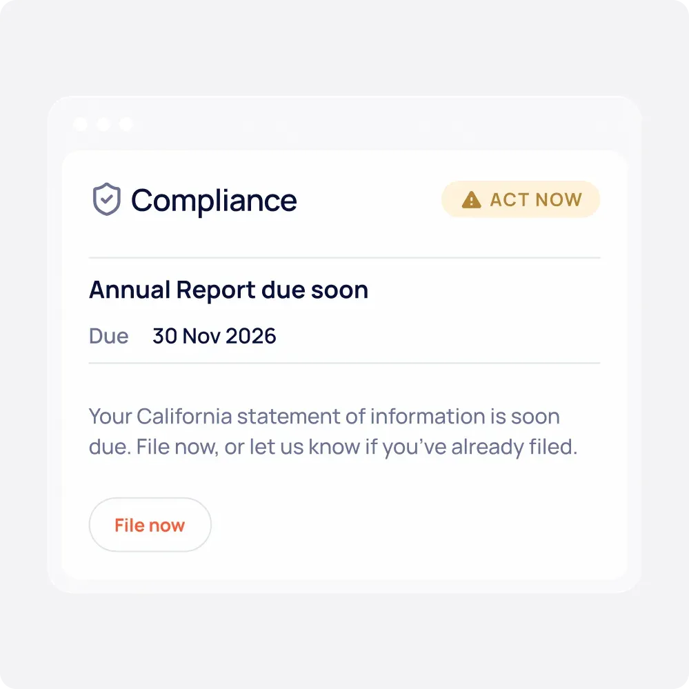 Compliance dashboard listing upcoming state filing deadlines