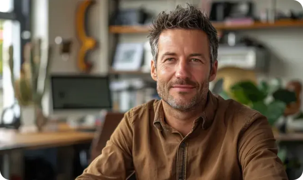 A man in a brown shirt sitting at a desk, focused on his work.
