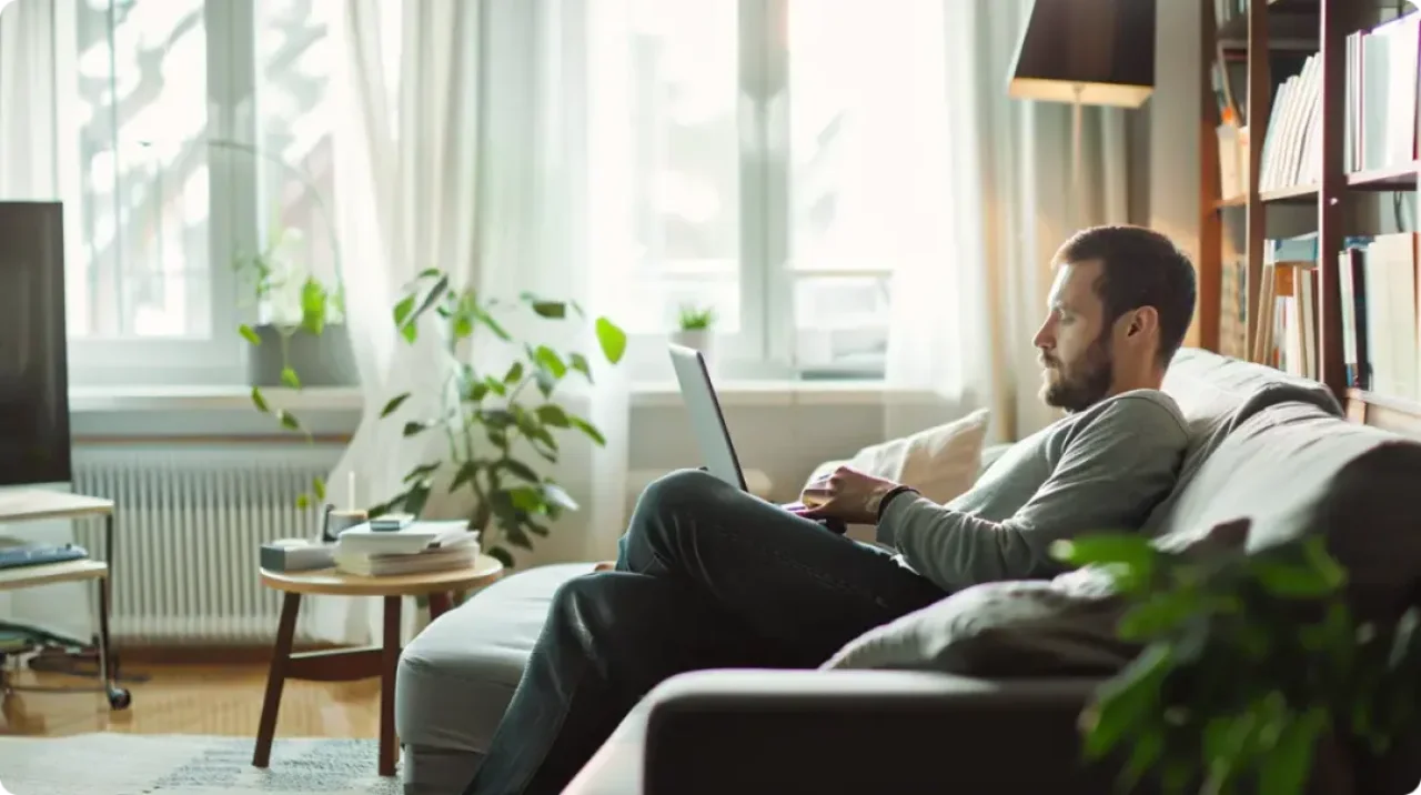 A man sitting on a couch with a laptop, engrossed in his work.