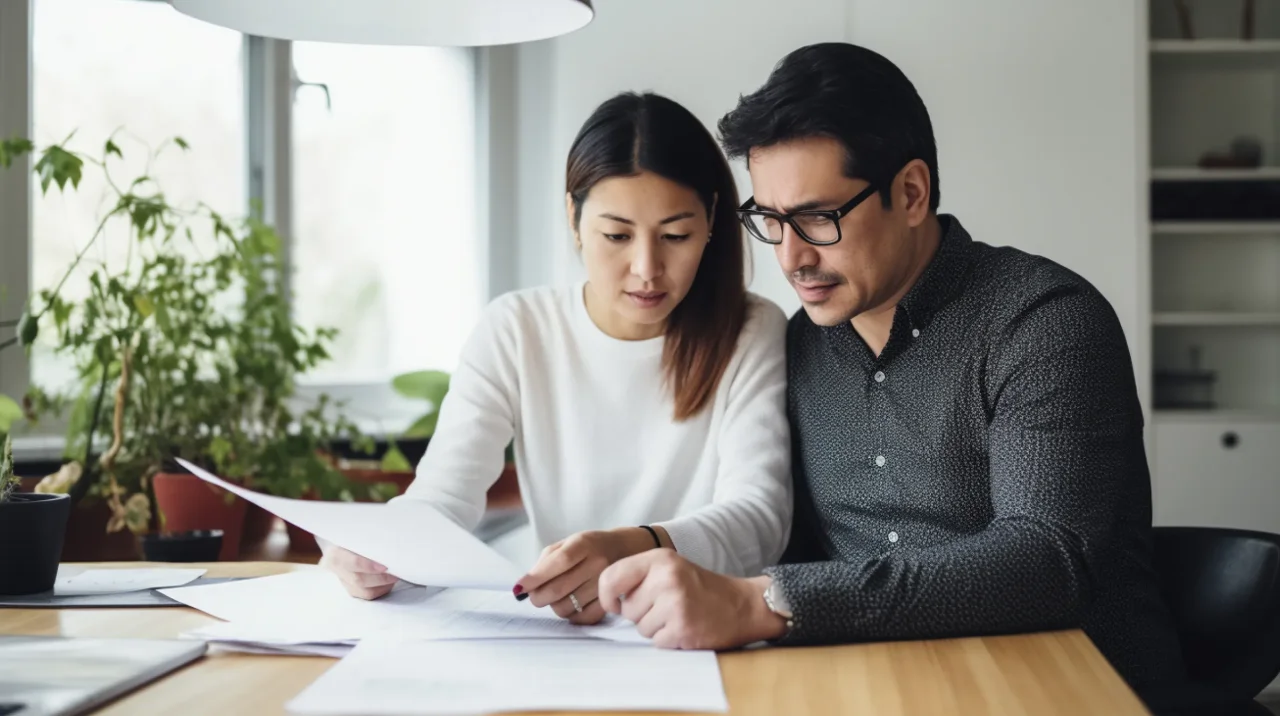 Couple Reviewing Documents Desk