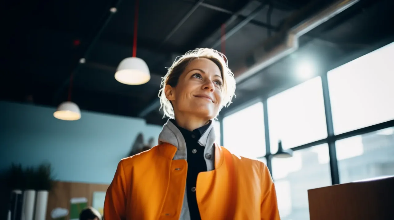 Confident professional woman in orange jacket smiling in a modern office with natural lighting