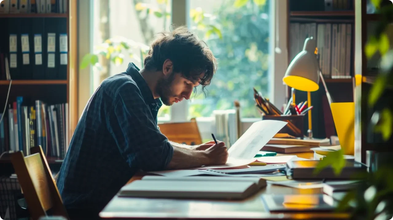 Man Making Notes At Desk