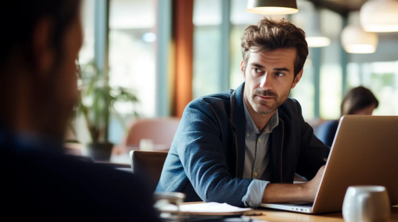 Man At Table Working On Laptop