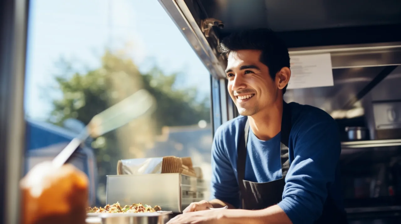 Man Cheerful Expression Working Food Truck