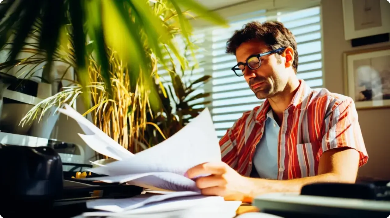 Man Reviewing Documents Desk Plants