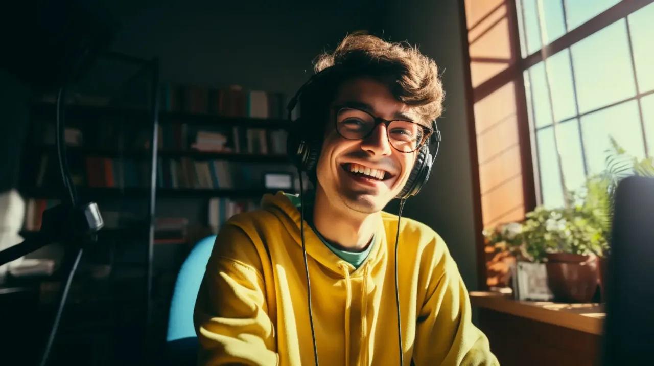 Smiling Young Man Wearing Headphones On Video Call