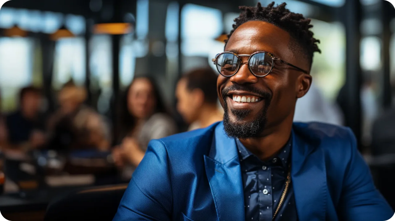 Stylish Man Navy Blue Elegant Suit Busy Place People Blurred Background
