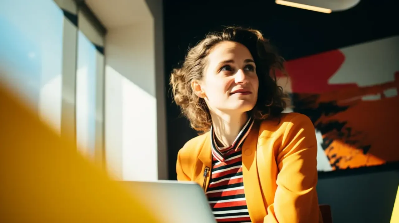 confident woman in bright yellow blazer working in modern office with natural light