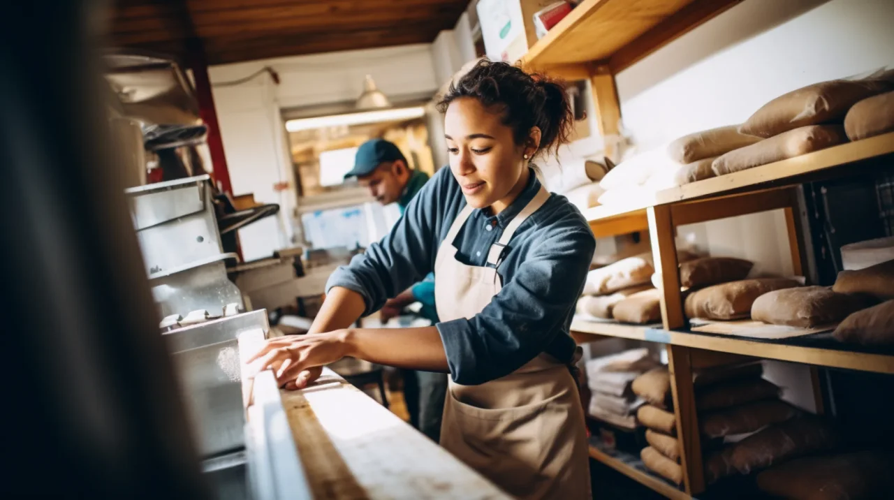 Woman Apron Kneads Dough Bakery Showcasing Culinary Skills Dedication