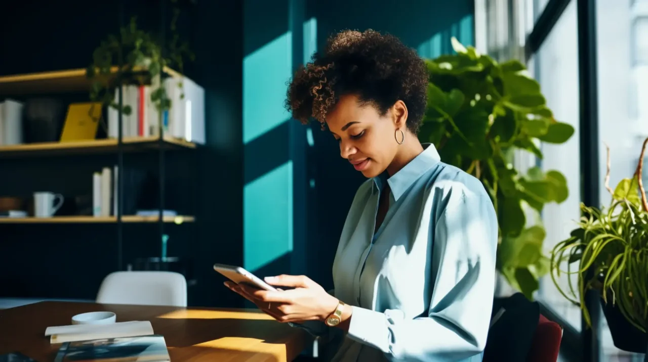 woman in a blue blouse looking at her cell phone