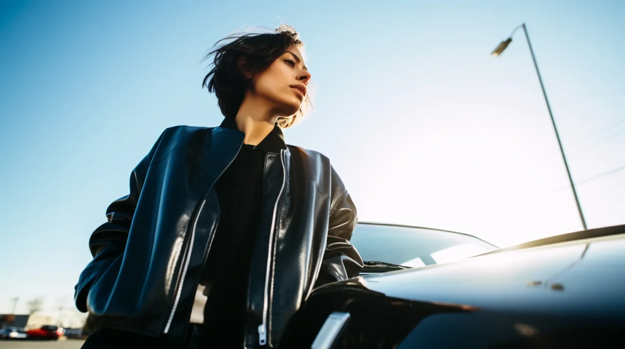 Woman In Leather Jacket Standing Next To Car