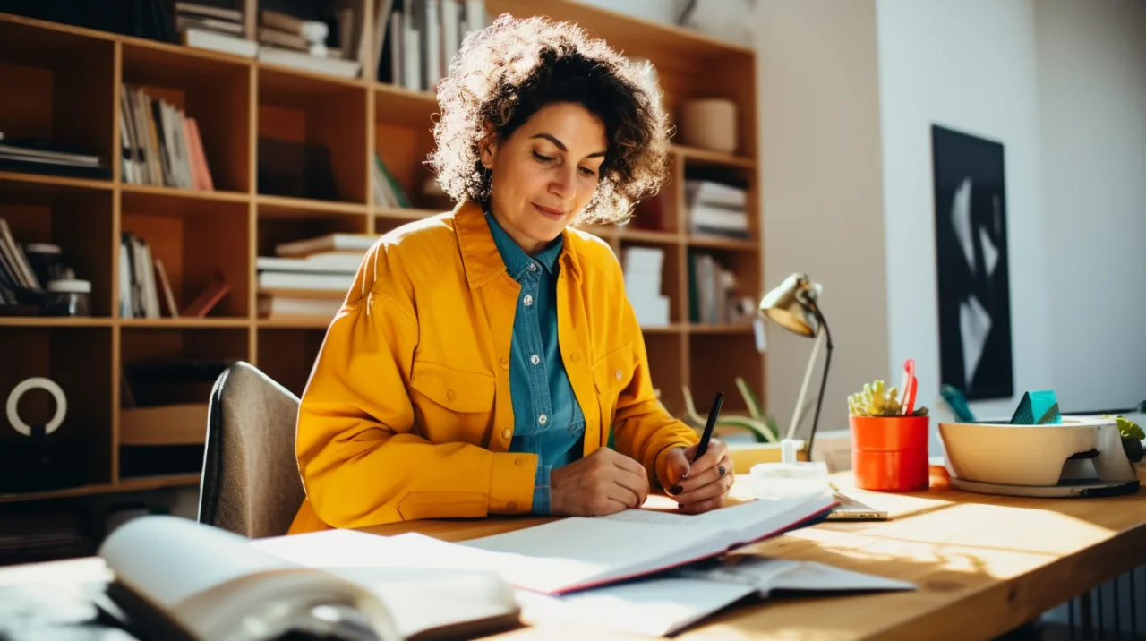 Woman Sitting Desk Writing Notebook