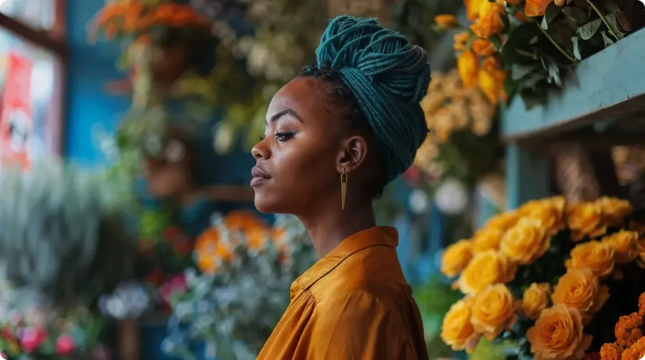 A woman arranging vibrant flowers in a charming flower shop, surrounded by colorful blooms and greenery.