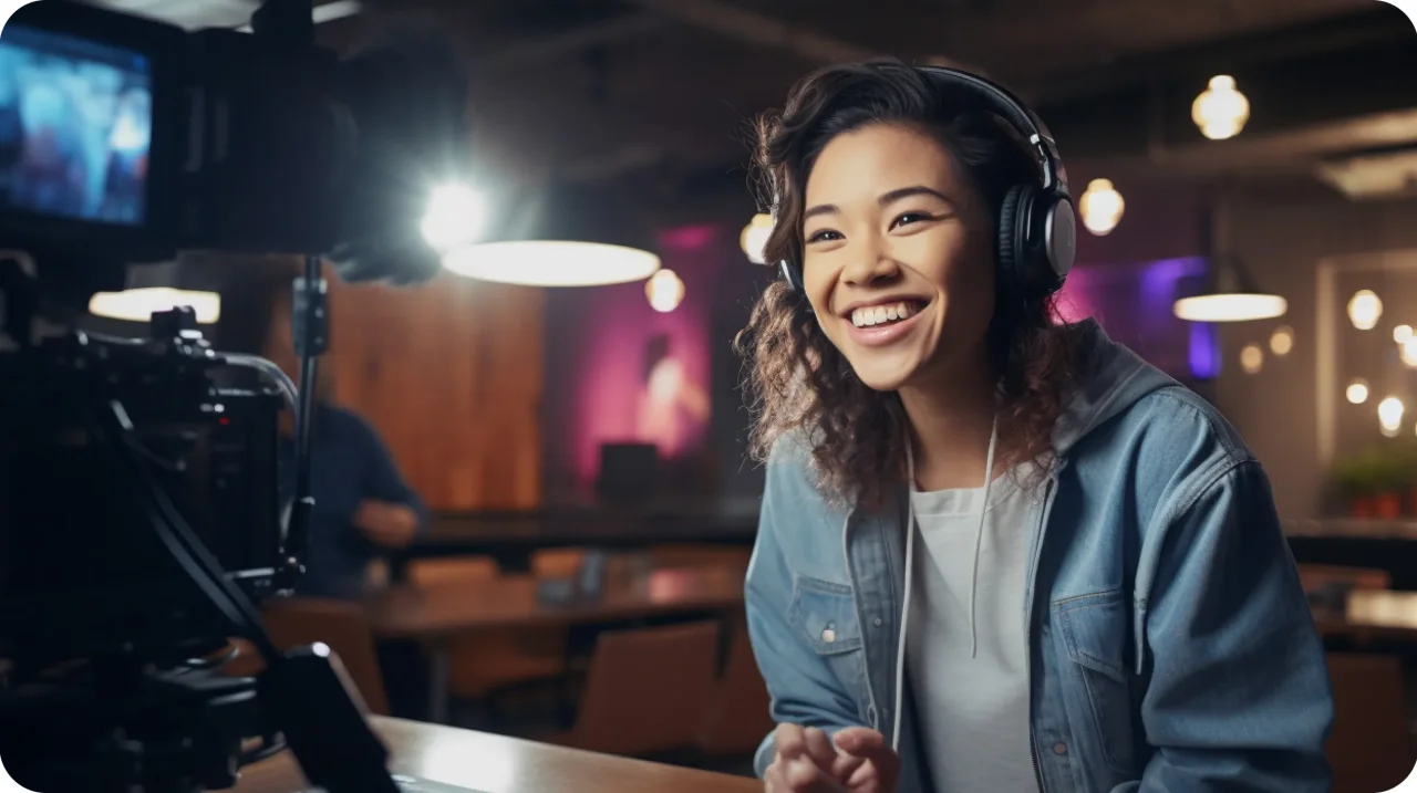 Young Girl Headphones Standing Front Camera