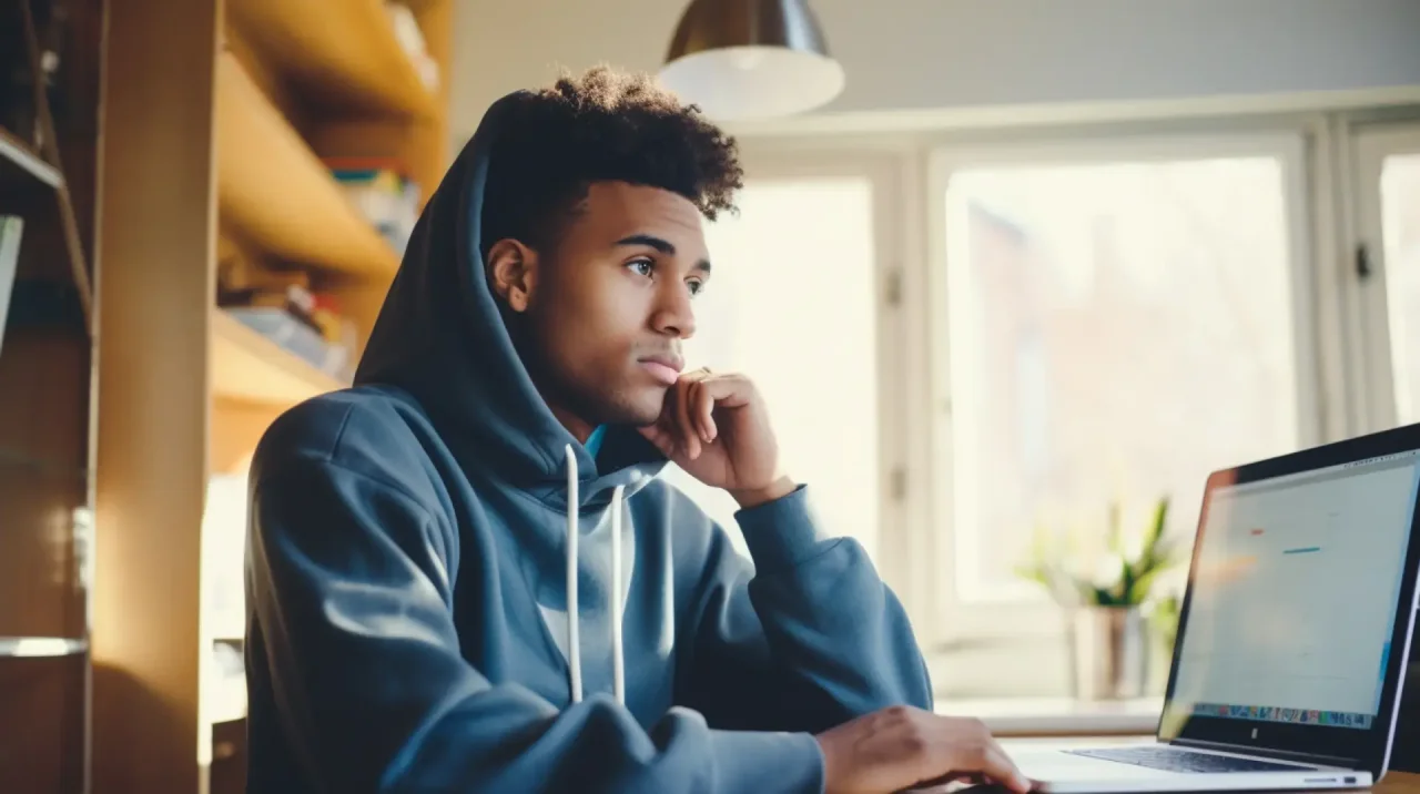 Young Man Working On Laptop At Home Wearing Hoodie