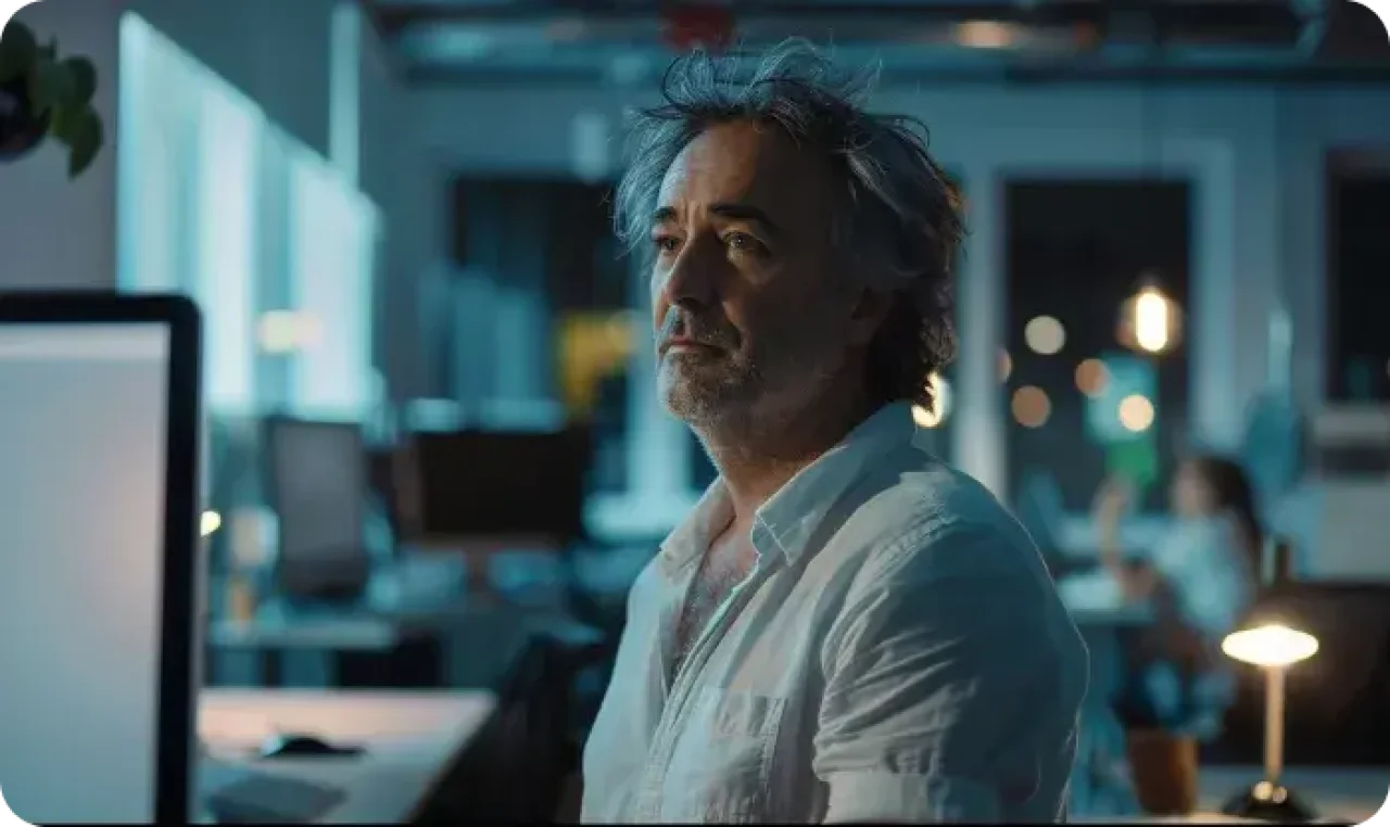 A man in a white shirt is seated at a computer in an office environment, focused on his work.