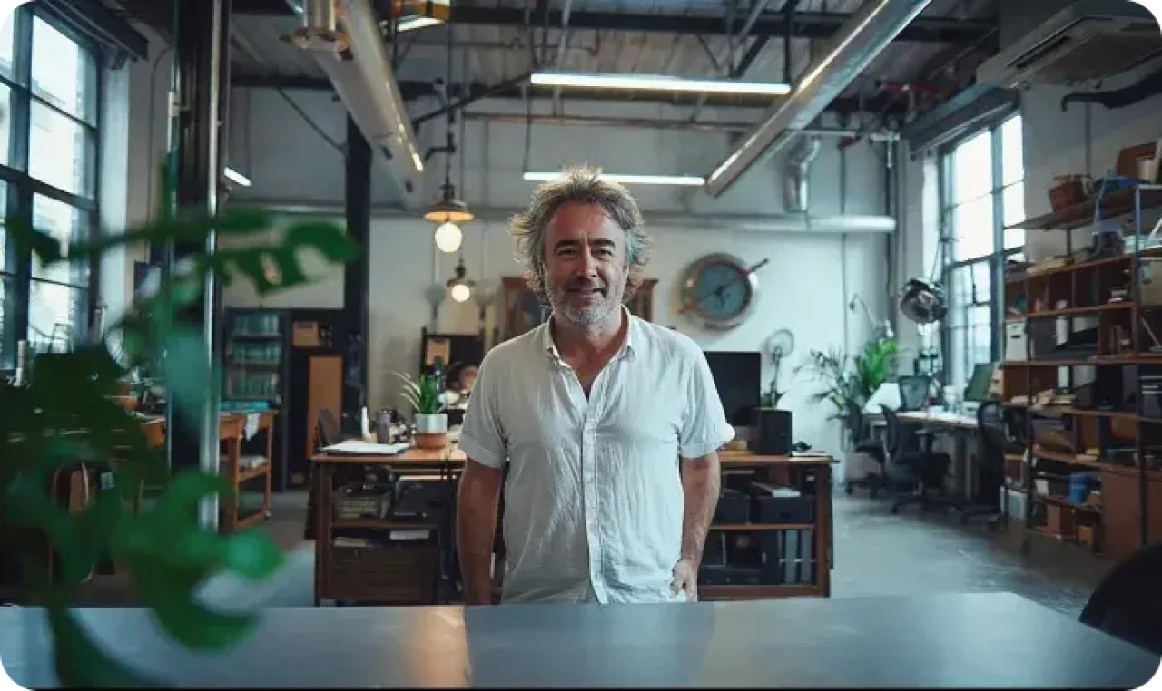 A man stands in a modern office surrounded by plants and a neatly organized desk, exuding a professional atmosphere.