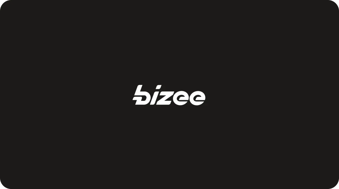 Bizee white logo on black background branding image