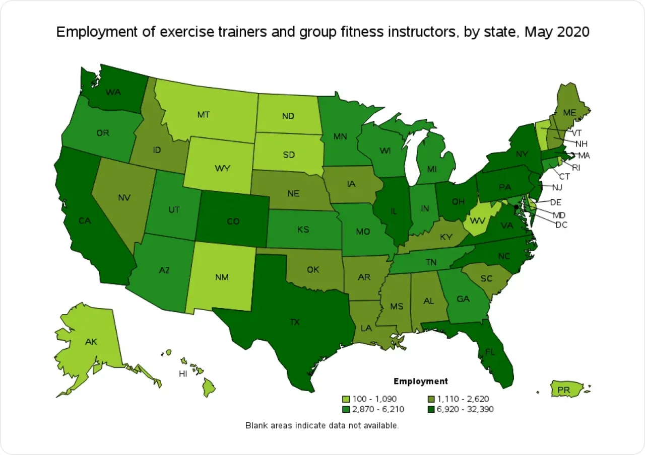 U.S. map showing employment of exercise trainers and group fitness instructors by state in May 2020, with darker green indicating higher employment levels.