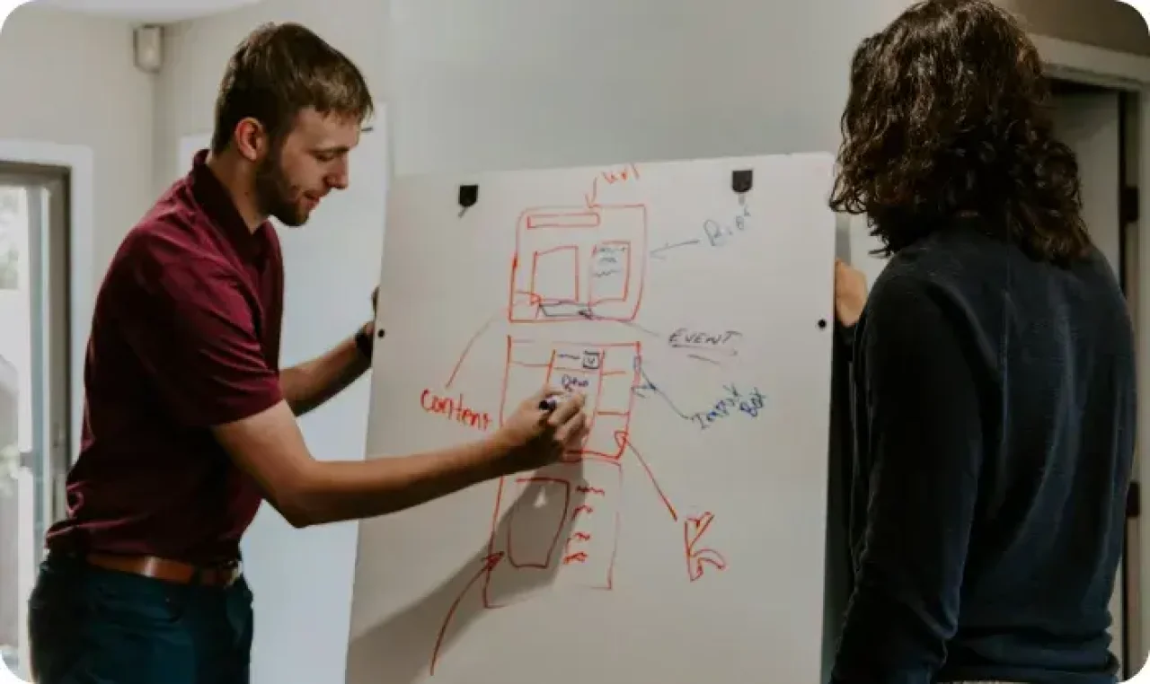 Two men explaining on a whiteboard