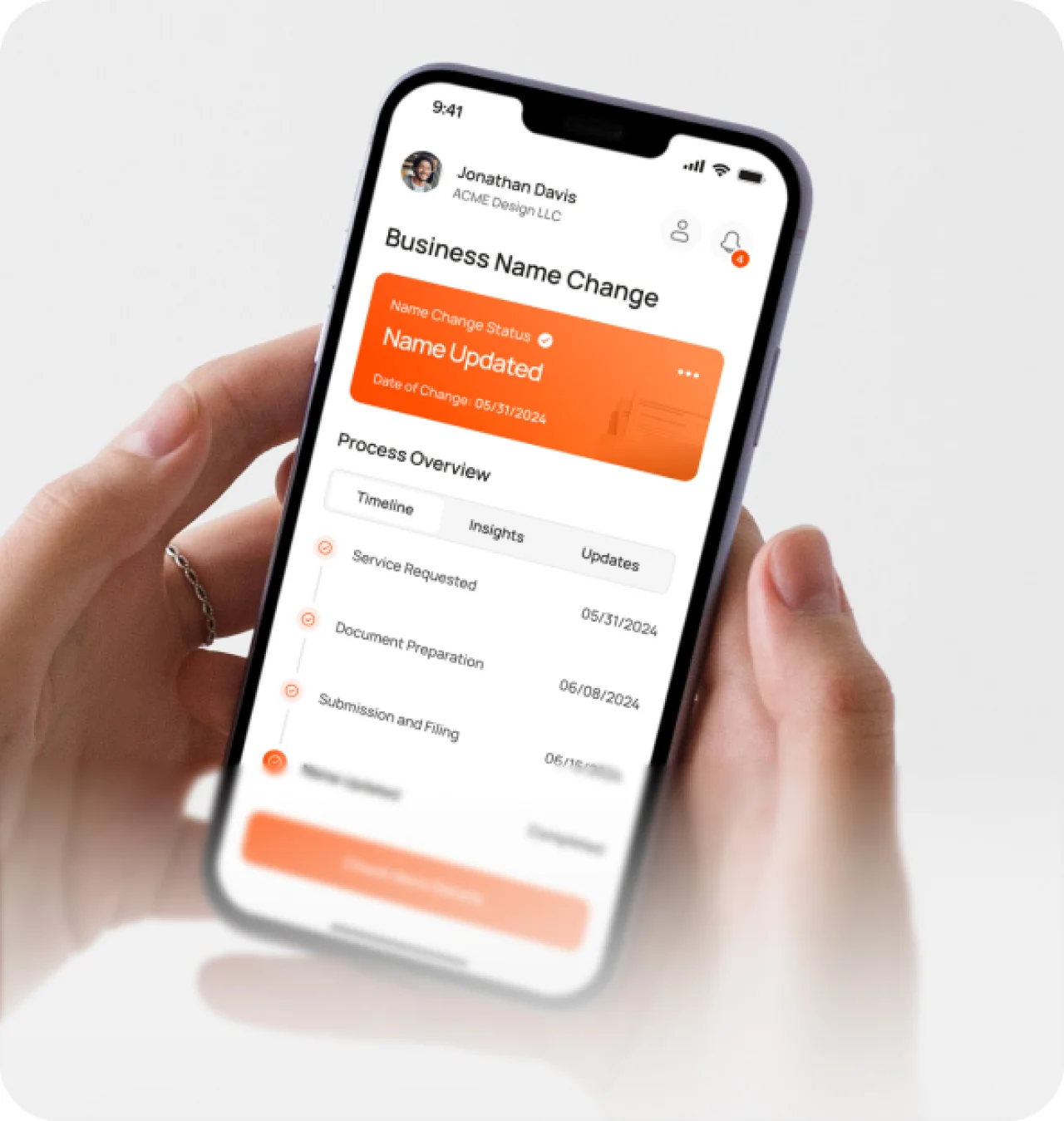 1. Smartphone displaying a business name change status.