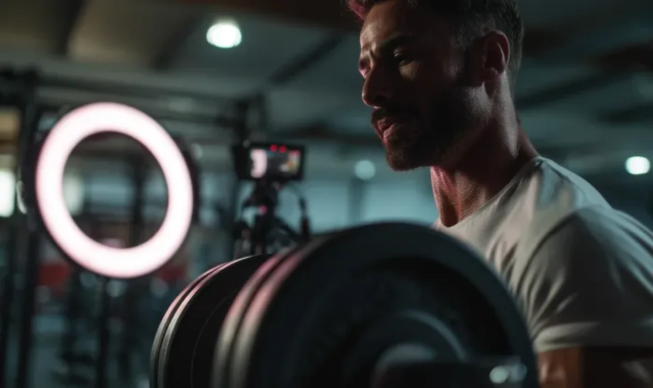 Male fitness content creator lifting weights on camera with ring light in gym setting