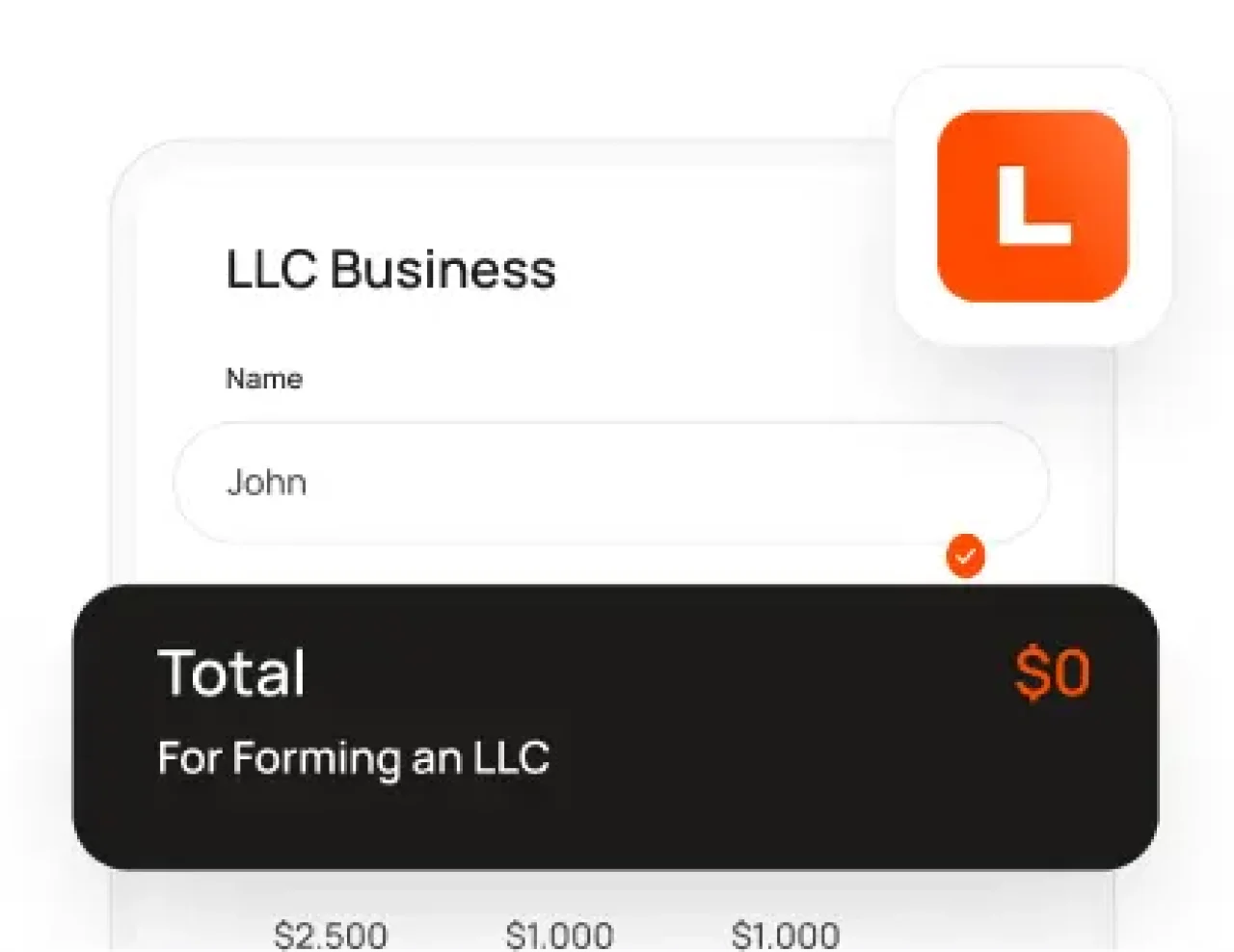 LLC business formation interface showing company name input and total cost for forming an LLC