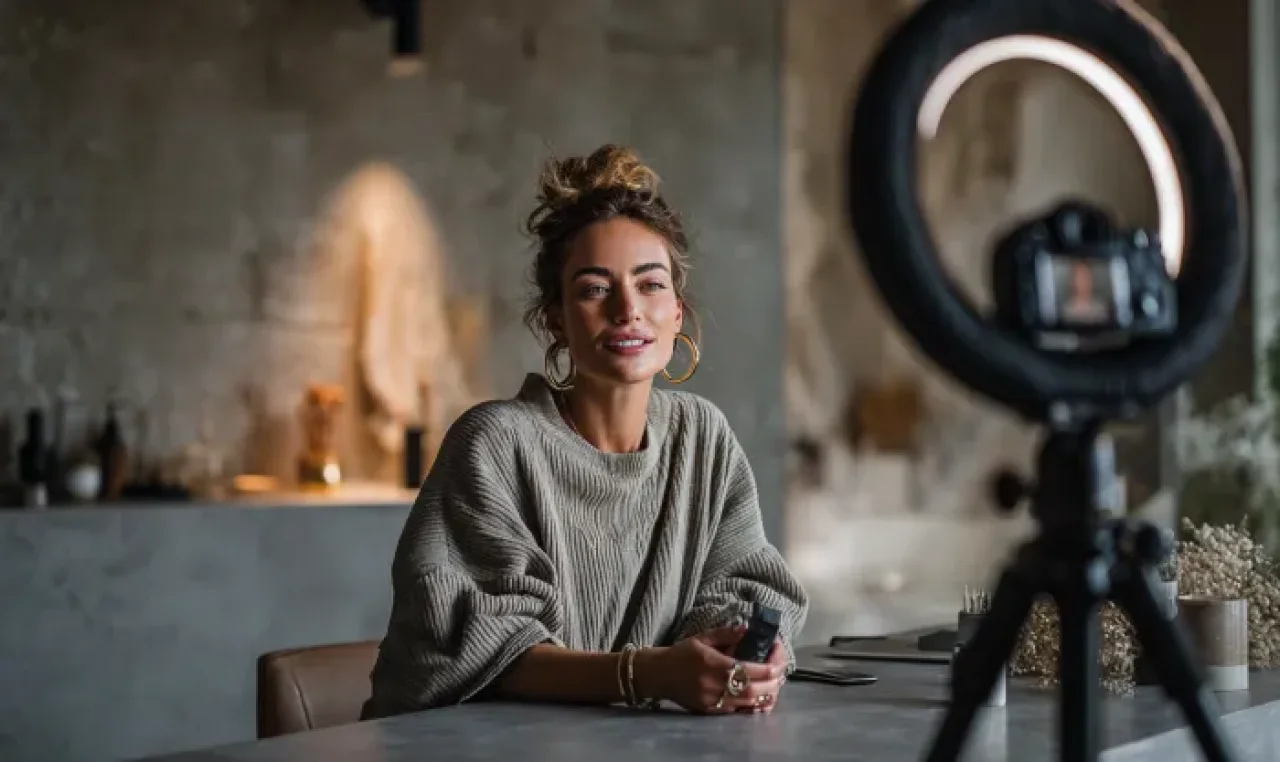 Female lifestyle content creator recording a video with a ring light and camera in a modern home setting