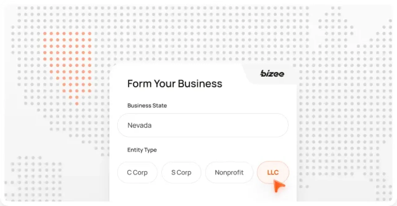 Interactive business formation form showing “Nevada” selected as the business state and “LLC” chosen as the entity type on the Bizee website.
