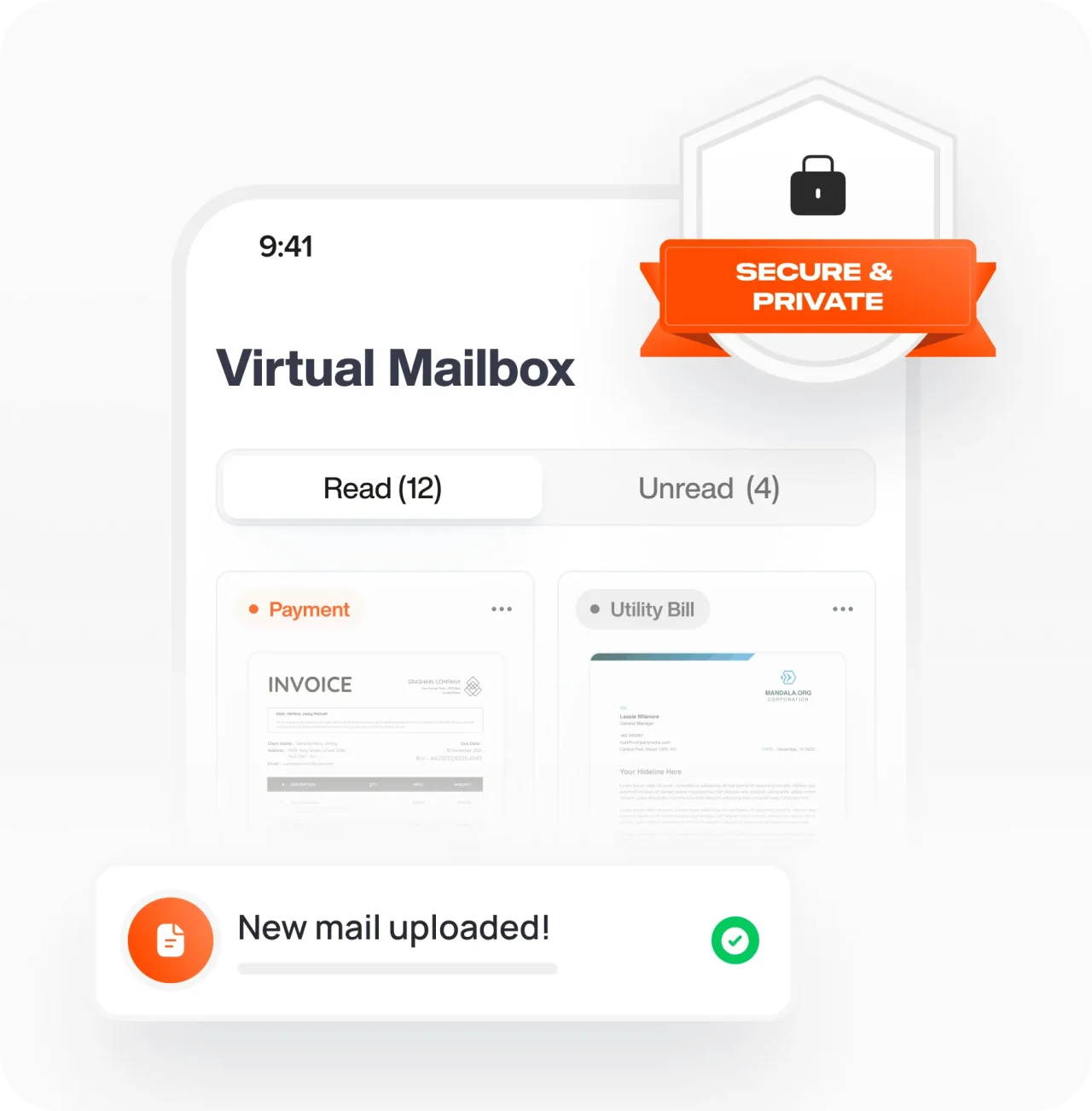 virtual-mailbox-dashboard-showing-read-and-unread-mail-invoices-and-utility-bills-with-a-secure-and-private-badge-and-new-mail-upload-notification