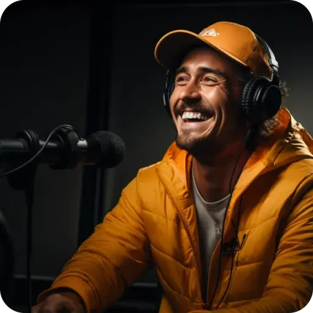 Smiling man in an orange jacket and cap speaking into a podcast microphone with headphones on.