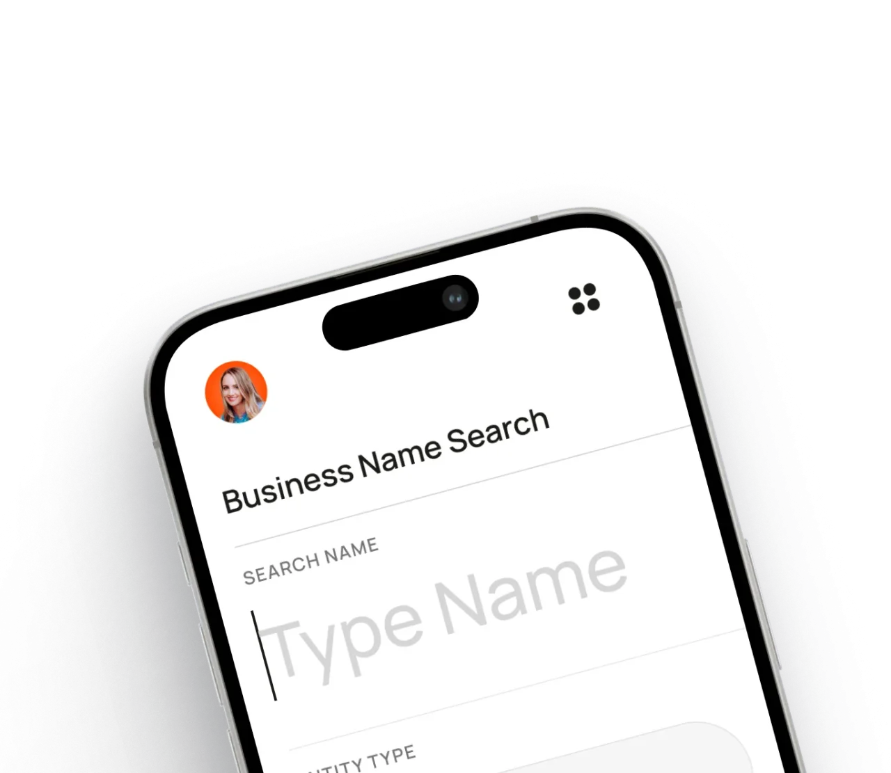 Smartphone screen showing business name search app with input field to type company name