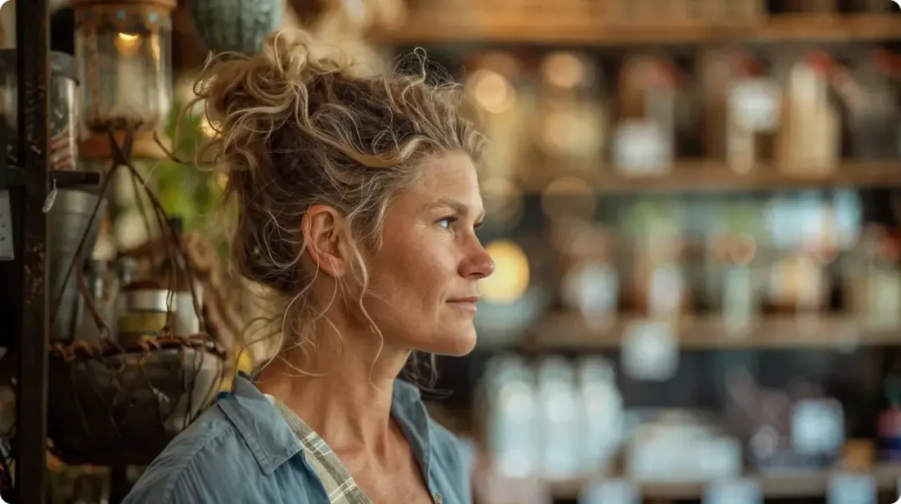 A woman stands in front of store shelves, examining products with a thoughtful expression on her face.